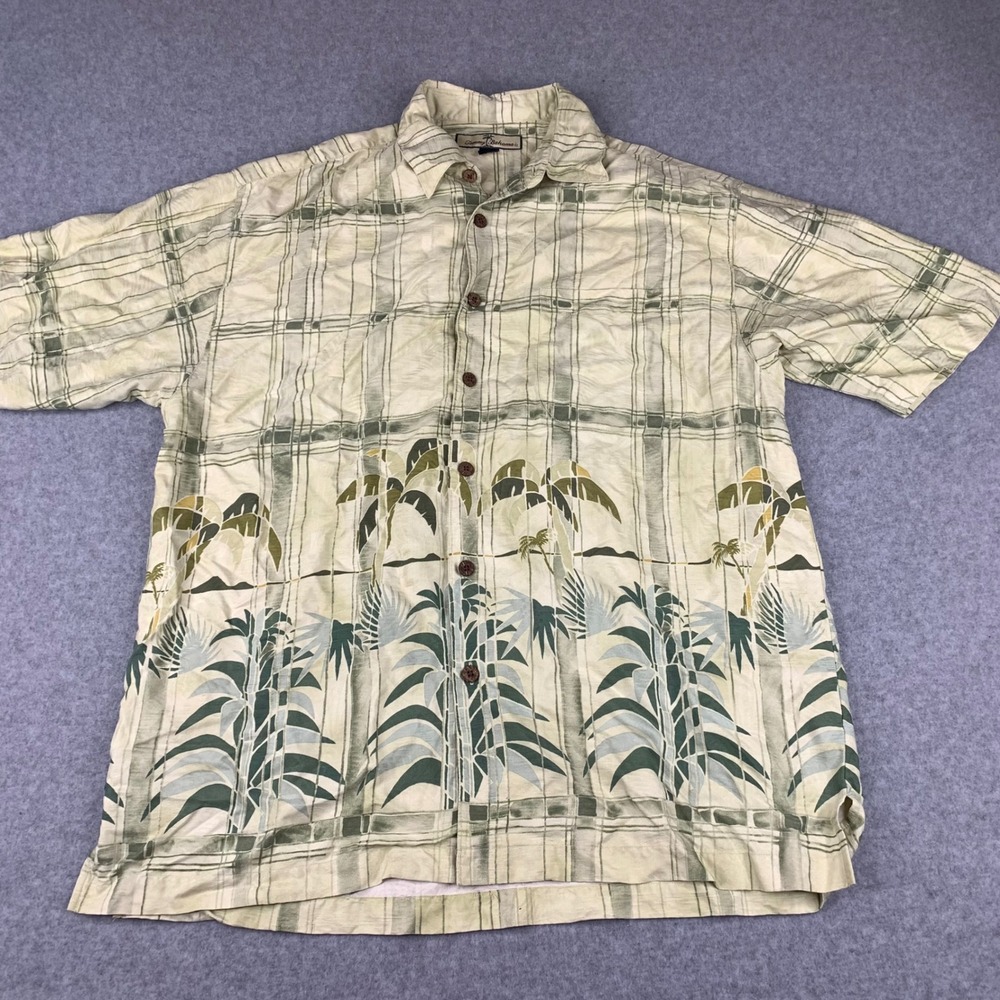 Tommy Bahama Button Front Shirt Mens Medium Green Silk Tropical Palm Plaid